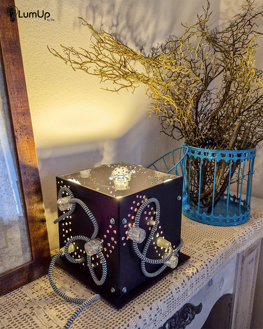 Lampada artigianale realizzata con lastre di metacrilato.
Colore Nero opaco - cavo tessile bianco e nero - immagine intera