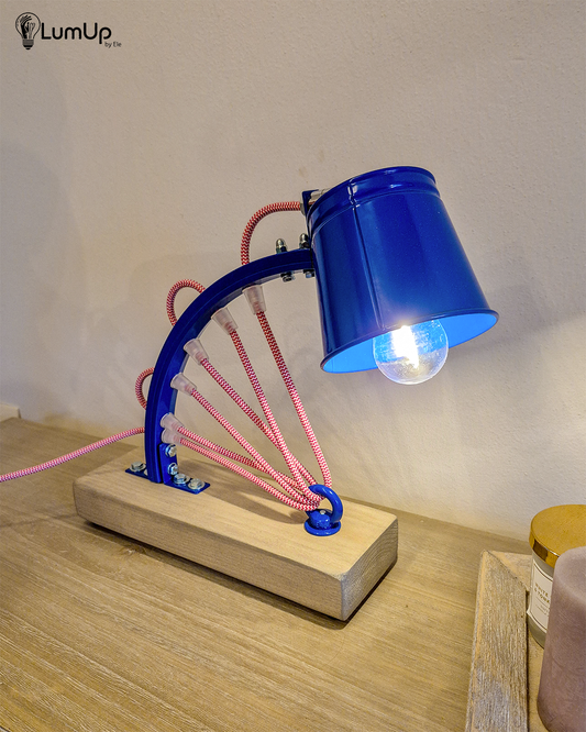 Lampada artigianale realizzata con parte di ruota di bicicletta e legno di recupero.
Colore Blu - Cavo tessile rosso e bianco - Punto luce snodato - immagine intera