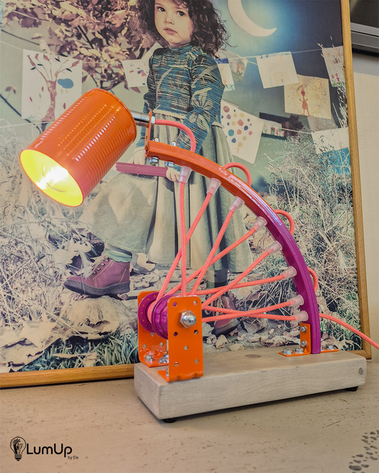 Lampada artigianale realizzata con parte di ruota di bicicletta e legno di recupero.
Colore Arancione e viola - Cavo tessile rosa e giallo - Punto luce snodato - immagine intera