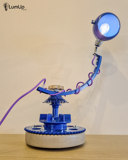 Lampada artigianale realizzata con parti di ruota di bicicletta e legno di recupero.
Colore Blu - Cavo tessile viola - Braccio rotante - Punto luce snodato - immagine intera