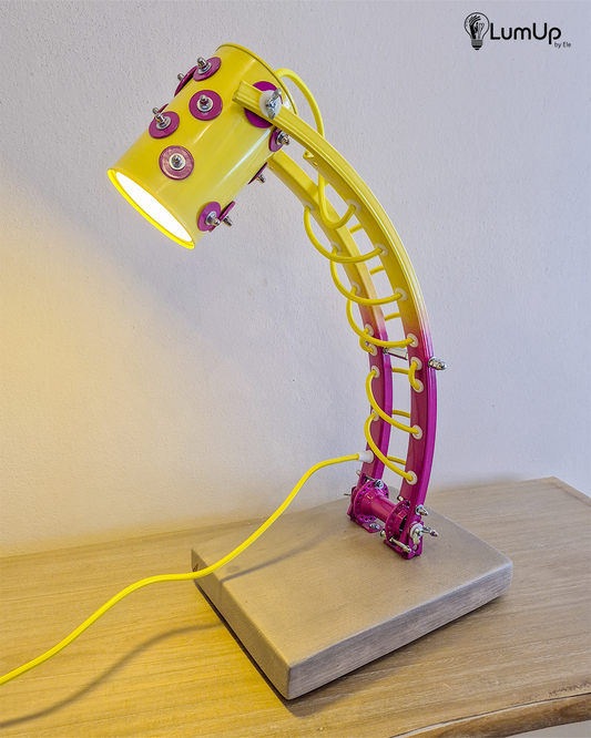 Lampada artigianale realizzata con parti di ruota di bicicletta e legno di recupero.
Colore Giallo e viola - Cavo tessile giallo - Braccio inclinabile - Punto luce snodato - immagine intera