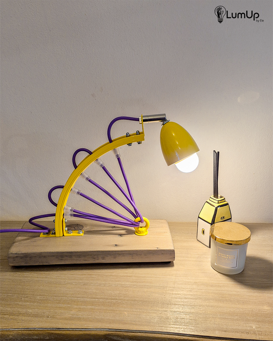 Lampada artigianale realizzata con parte di ruota di bicicletta e legno di recupero.
Colore Giallo - Cavo tessile viola - Punto luce snodato - immagine intera