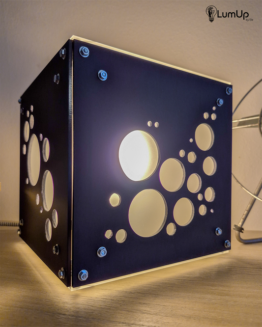 Lampada artigianale realizzata con lastre di metacrilato.
Colore Nero e Trasparente opaco - immagine intera